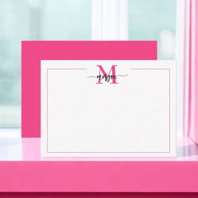Minimalist Script Monogram One Border Hot Pink Card (Creator Uploaded)