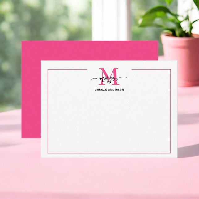 Minimalist Script Monogram One Border Hot Pink Card (Creator Uploaded)