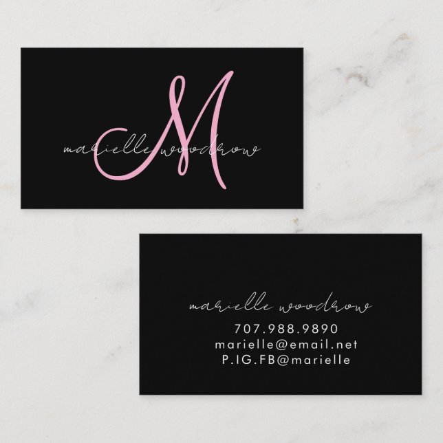Minimalist Script Monogram Pink Black Calling Card (Front/Back)