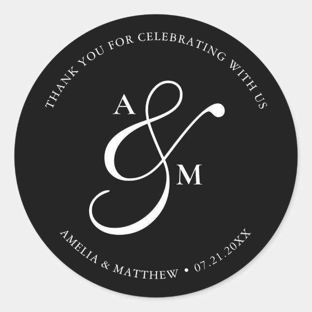 Minimalist Script Monogram Wedding Black Classic Round Sticker (Front)