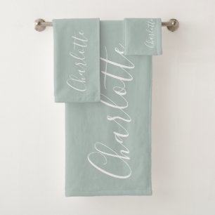 Minimalist Script Monogrammed Stylish Dusty Blue Bath Towel Set