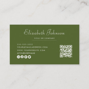 Minimalist Script Moss Green Qr Code Professional Business Card