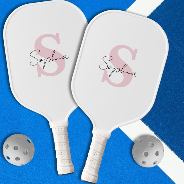 Minimalist Script Name and Pink Initials Monogram Pickleball Paddle (Creator Uploaded)
