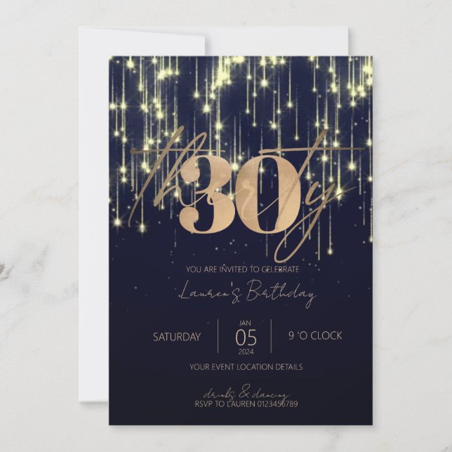 Minimalist Script Navy and Gold 30th Birthday Invitation (Front)