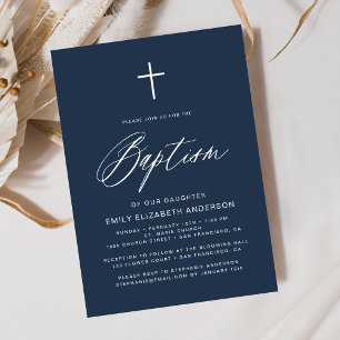 Minimalist Script Navy Blue Simple Baptism Invitation