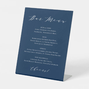 Minimalist Script Navy Blue Wedding Bar Menu Poste Pedestal Sign