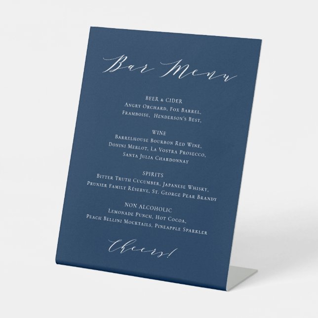 Minimalist Script Navy Blue Wedding Bar Menu Poste Pedestal Sign (Front)