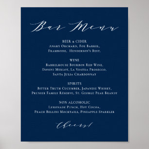 Minimalist Script Navy Blue Wedding Bar Menu Poster