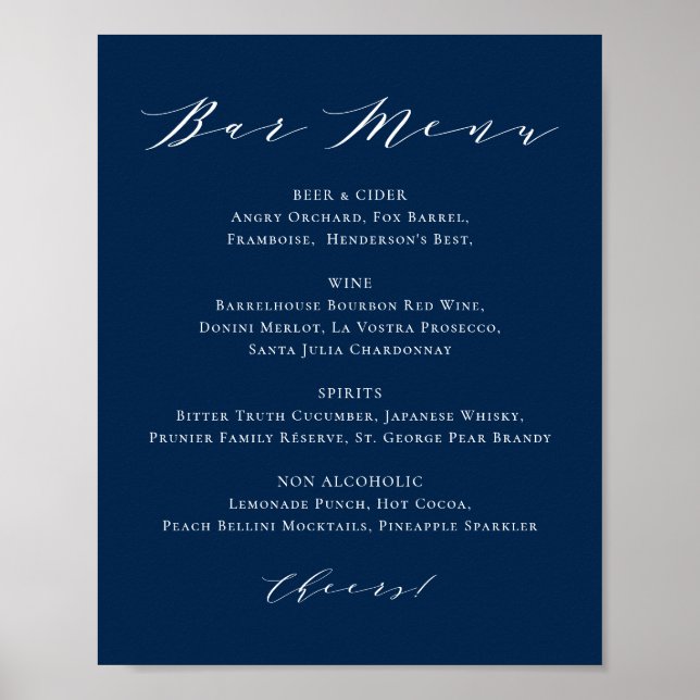 Minimalist Script Navy Blue Wedding Bar Menu Poster (Front)