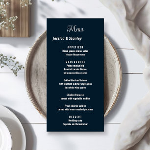 Minimalist script navy blue wedding  menu 