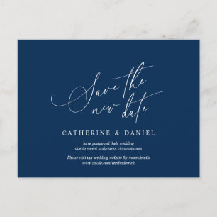 Minimalist Script, Navy Blue, Wedding Postponed Postcard