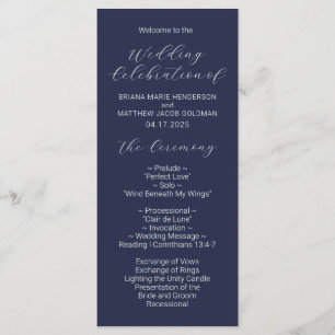 Minimalist Script Navy Blue Wedding Program Programme