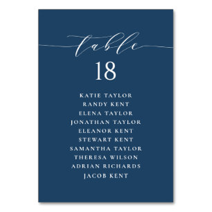 Minimalist Script Navy Blue Wedding Seating Plan Table Number