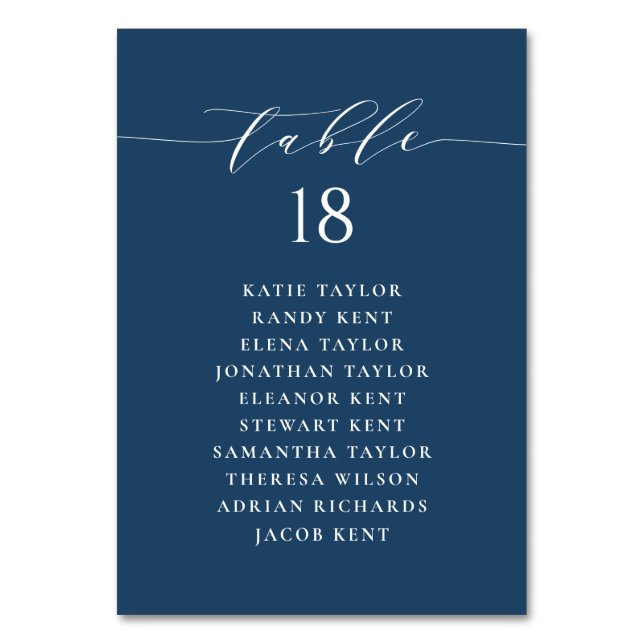 Minimalist Script Navy Blue Wedding Seating Plan Table Number (Front)