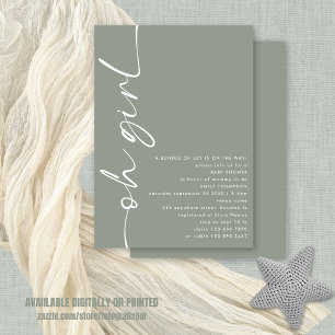 Minimalist Script Oh Girl Sage Baby Shower Invitation