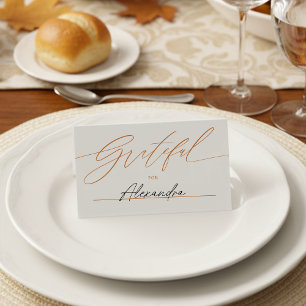 Minimalist Script Orange Grateful Thanksgiving  Place Card