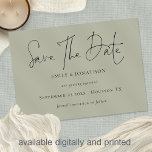 Minimalist Script Pale Sage Save The Date<br><div class="desc">Minimalist Script Pale Sage Green Save The Date. Simple elegance with Save The Date in a modern set script.The rest of the text you can easily personalise.Shown here in black on soft light Sage green however the text and background colours can be changed if you wish via the customise further...</div>