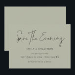 Minimalist Script Pale Sage Save the Evening Invitation<br><div class="desc">Minimalist Script Pale Sage Green Save The Evening. Available digitally and printed. Simple elegance to send to your evening party guests. Save The Evening is in a modern set script.The rest of the text you can easily personalise.Shown here in black on soft light Sage green however the text and background...</div>