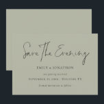Minimalist Script Pale Sage Save the Evening Invitation<br><div class="desc">Minimalist Script Pale Sage Green Save The Evening. Available digitally and printed. Simple elegance to send to your evening party guests. Save The Evening is in a modern set script.The rest of the text you can easily personalise.Shown here in black on soft light Sage green however the text and background...</div>