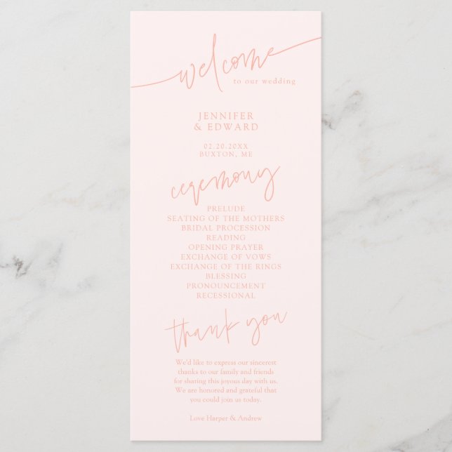 Minimalist Script Peach Wedding Ceremony Program Programme (Front)