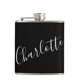 Minimalist Script Personalised Name Black Hip Flask