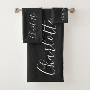 Minimalist Script Personalised Name   Black White Bath Towel Set