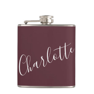 Minimalist Script Personalised Name Burgundy Hip Flask