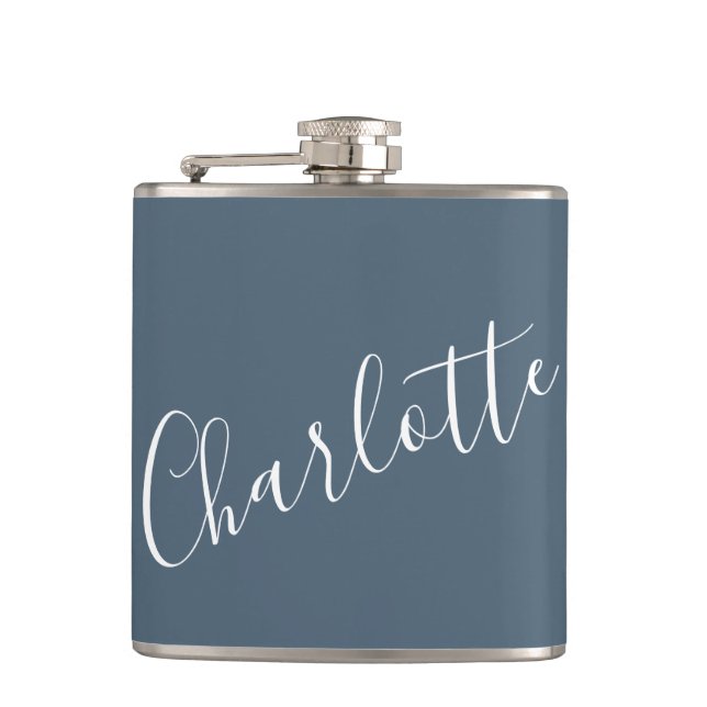 Minimalist Script Personalised Name Dark Blue Hip Flask (Front)