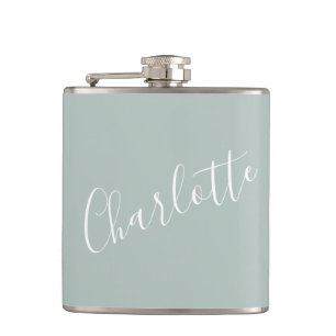 Minimalist Script Personalised Name Dusty Blue Hip Flask