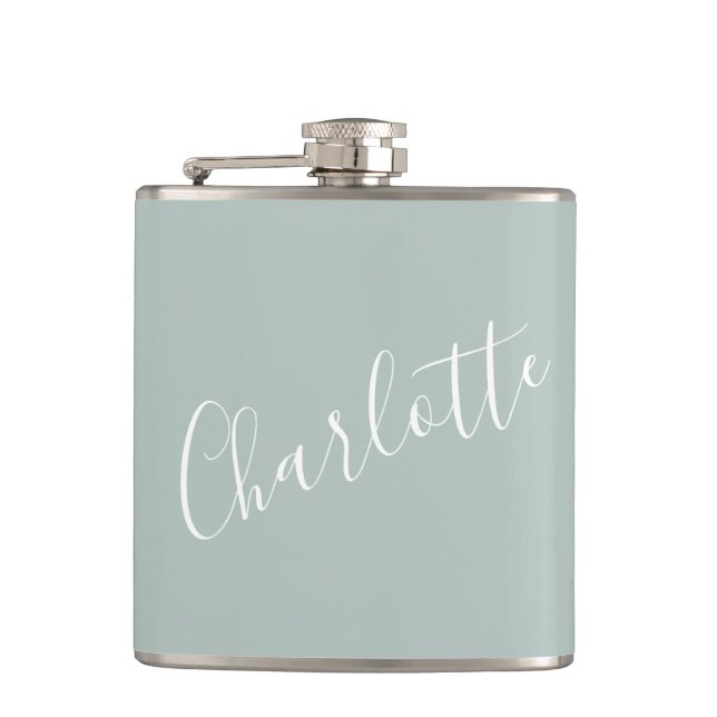 Minimalist Script Personalised Name Dusty Blue Hip Flask (Front)