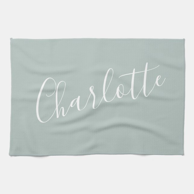 Minimalist Script Personalised Name | Dusty Blue Tea Towel (Horizontal)