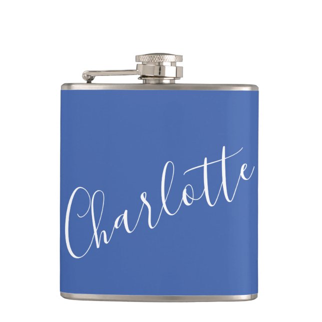 Minimalist Script Personalised Name French Blue Hip Flask (Front)