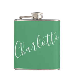 Minimalist Script Personalised Name Kelly Green Hip Flask