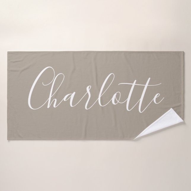 Minimalist Script Personalised Name Taupe Brown Bath Towel (Bath Towel)