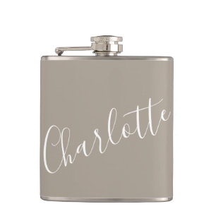 Minimalist Script Personalised Name Taupe Brown Hip Flask