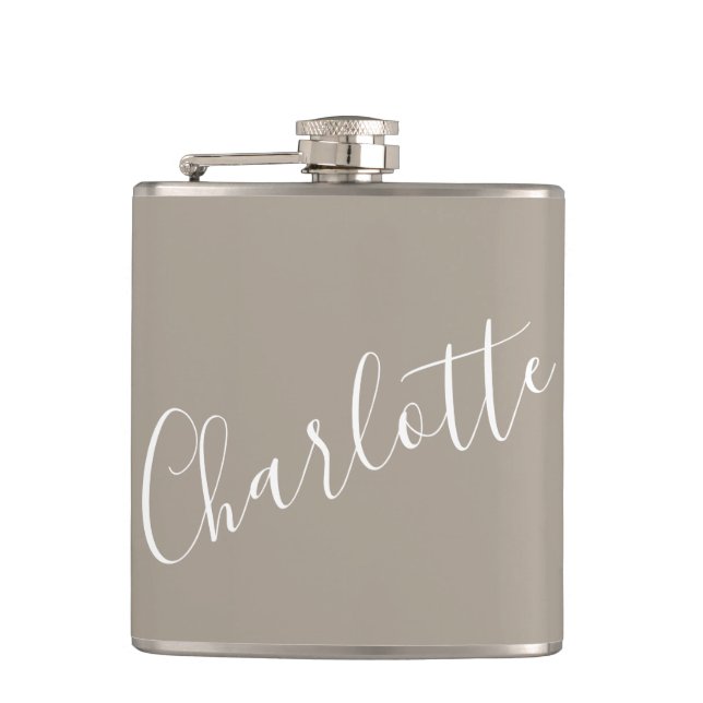 Minimalist Script Personalised Name Taupe Brown Hip Flask (Front)