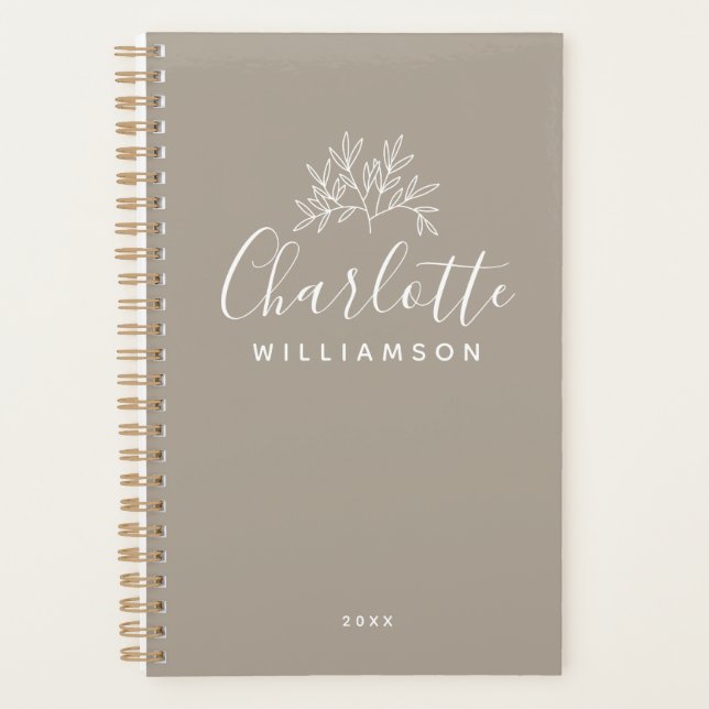 Minimalist Script Personalised Name Taupe Brown Planner (Front)