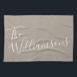 Minimalist Script Personalised Name | Taupe Brown Tea Towel<br><div class="desc">Minimalist Script Typography Name in Taupe Brown Kitchen Towel</div>