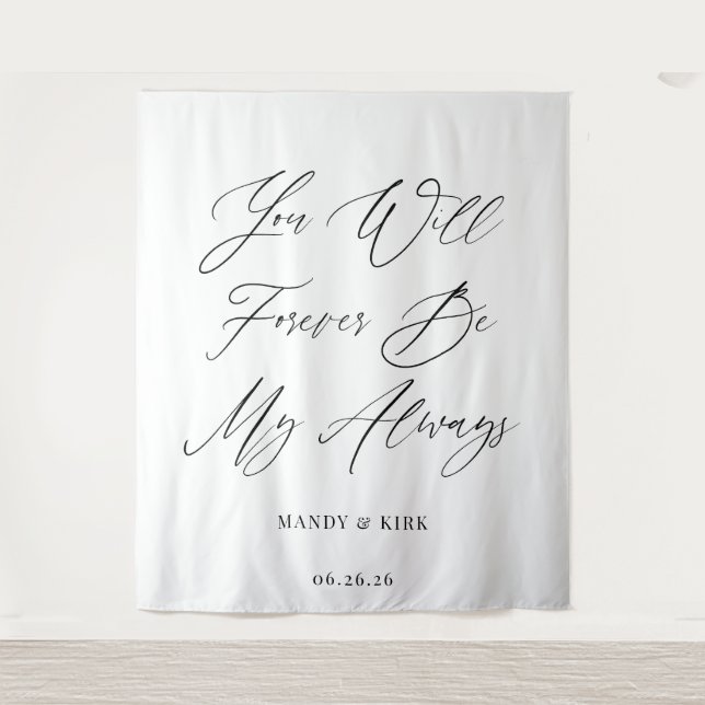 Minimalist Script Personalised Wedding Backdrop  Tapestry (Front)
