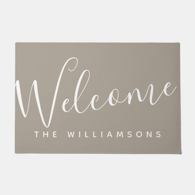Minimalist Script Personalised Welcome Taupe Brown Doormat (Front)