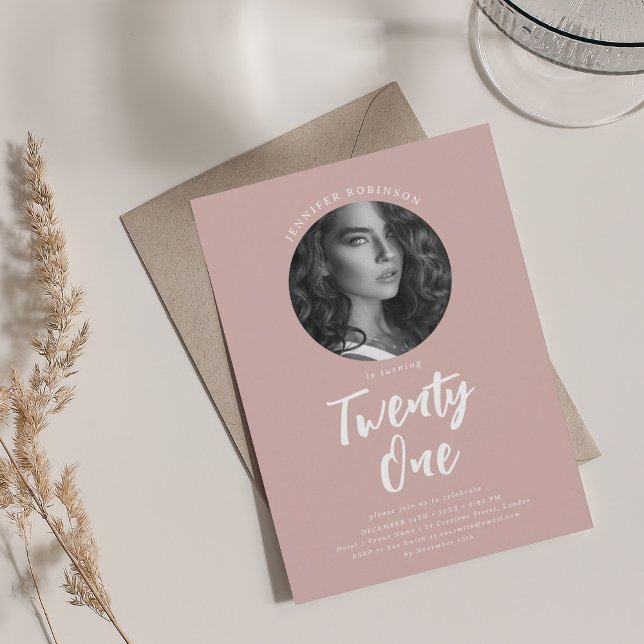 Minimalist Script Photo 21st Birthday Dusty Pink  Invitation (Minimalist Script Photo 21st Birthday Dusty Pink Invitation)