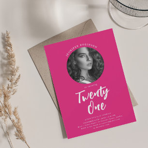 Minimalist Script Photo 21st Birthday Hot Pink Invitation