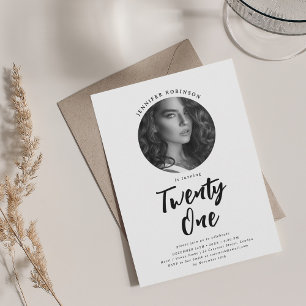 Minimalist Script Photo 21st Birthday White Black Invitation