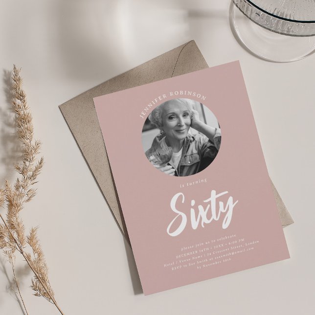 Minimalist Script Photo 60th Birthday Dusty Pink  Invitation (Minimalist Script Photo 60th Birthday Dusty Pink Invitation)