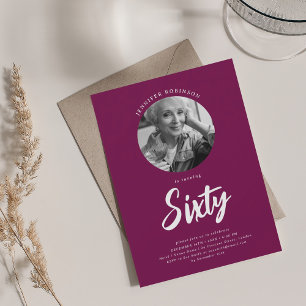 Minimalist Script Photo 60th Birthday Magenta Invitation