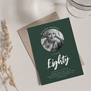Minimalist Script Photo 80th Birthday Emerald Invitation