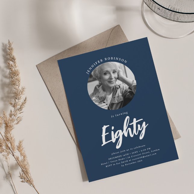 Minimalist Script Photo 80th Birthday Navy Blue  Invitation (Minimalist Script Photo 80th Birthday Navy Blue Invitation)