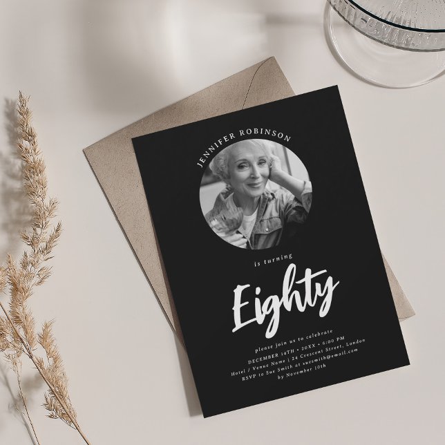 Minimalist Script Photo 80th Birthday Party Black Invitation (Minimalist Script Photo 80th Birthday Party Black Invitation)