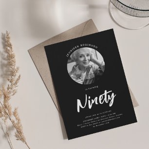 Minimalist Script Photo 90th Birthday Black Invitation