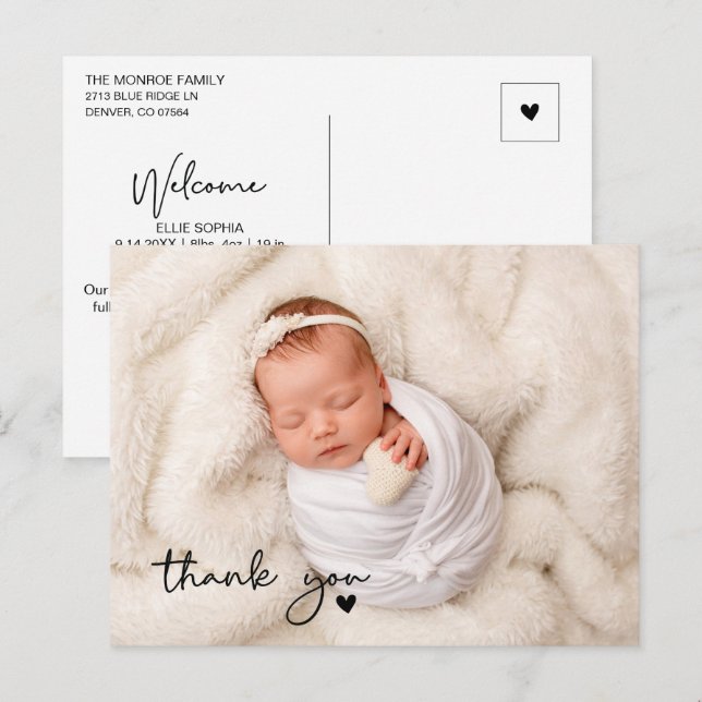 Minimalist Script Photo Newborn Thank You Postcard (Front/Back)